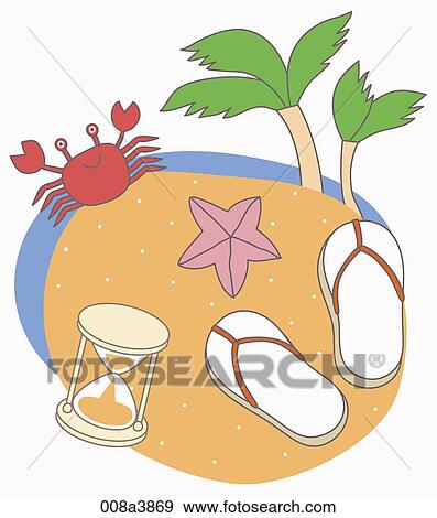 flipflops and hourglass on the beach View Large Illustration Stock Illustration - flipflops and hourglass on the beach. Fotosearch