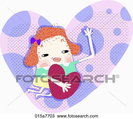 girl is holding heart in one hand and raising the other hand View Large Illustration Drawing - girl is holding heart in one hand and raising the other hand. Fotosearch
