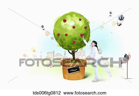 girl is picking an apple from tree View Large Illustration Drawing - girl is picking an apple from tree. Fotosearch