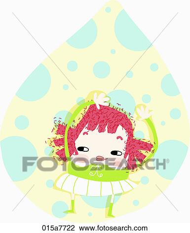 Drawing - girl is raising her hands and making circle shape. Fotosearch