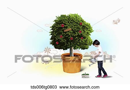 Drawing - girl is watering plant. Fotosearch