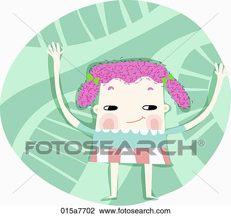 Drawing - girl raises her hands up with smile. Fotosearch