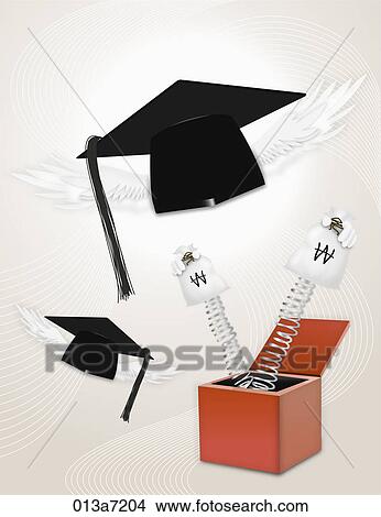 Graduation caps and money bags on spring from a box View Large Illustration Stock Illustration - Graduation caps and money bags on spring from a box. Fotosearch