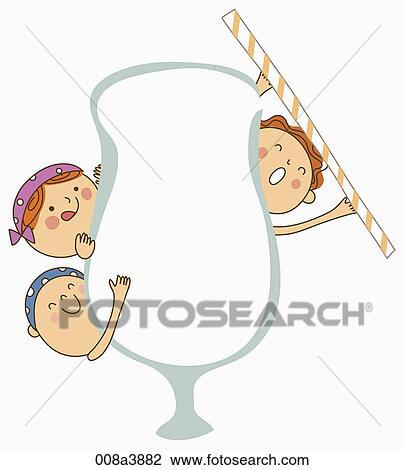 happy children and juice cup shape View Large Illustration Drawing - happy children and juice cup shape. Fotosearch