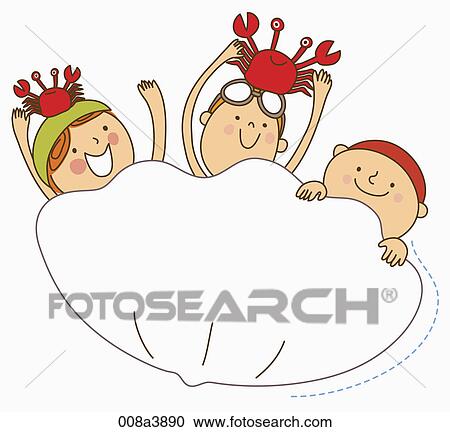 happy children holding crabs View Large Illustration Clipart - happy children holding crabs . Fotosearch