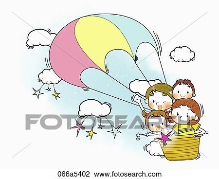 Happy family on hot-air balloon View Large Illustration Drawing - Happy family on hot-air balloon. Fotosearch