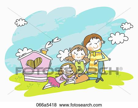 Stock Illustration - Happy family on lawn. Fotosearch