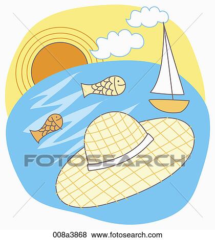 hat and yacht on the ocean View Large Illustration Stock Illustration - hat and yacht on the ocean. Fotosearch