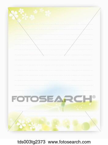Drawing - illustrated letter pad of spring scene. Fotosearch