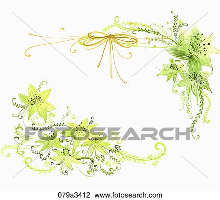 Drawing - Illustration of various colors of flowers and ribbons for notes. Fotosearch