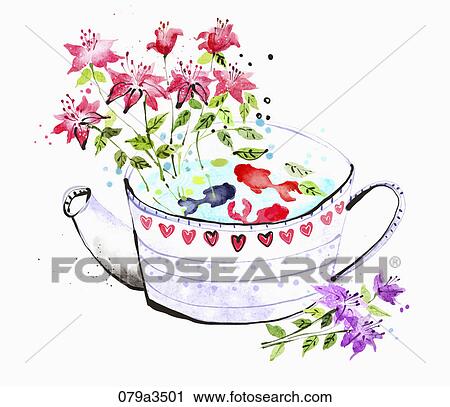 Clip Art - Image of various colors of flowers and a watering pot. Fotosearch