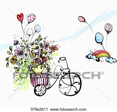 Clip Art - Image of various colors of flowers and a bicycle. Fotosearch
