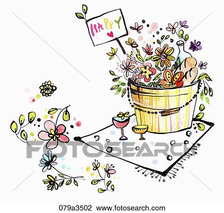 Drawing - Image of various colors of flowers and a picnic. Fotosearch