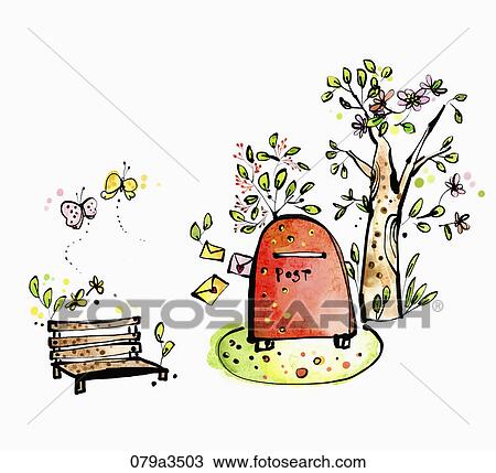 Drawing - Image of various colors of flowers and a post box. Fotosearch