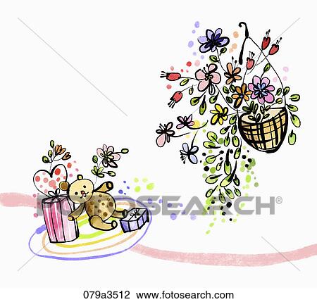 Image of various colors of flowers and presents View Large Illustration Drawing - Image of various colors of flowers and presents. Fotosearch
