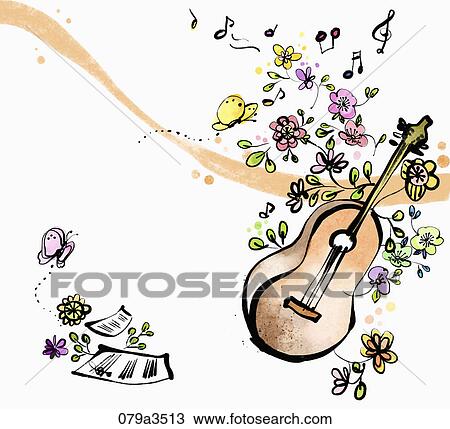 Drawing - Image of various colors of flowers and a cello. Fotosearch