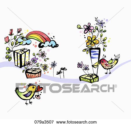 Image of various colors of flowers and gift boxes View Large Illustration Stock Illustration - Image of various colors of flowers and gift boxes. Fotosearch