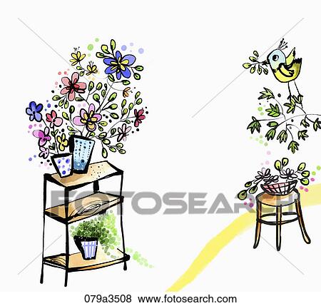 Stock Illustration - Image of various colors of flowers and a shelf. Fotosearch
