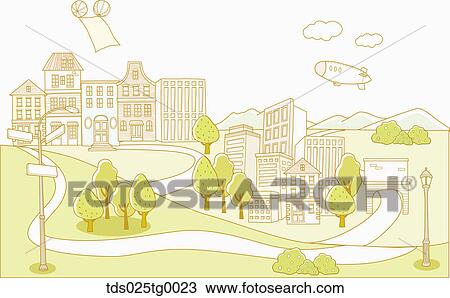 Drawing - landscape of city. Fotosearch