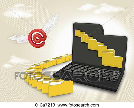 Laptop with many yellow document bags and red @ mark with wings View Large Illustration Stock Illustration - Laptop with many yellow document bags and red @ mark with wings . Fotosearch