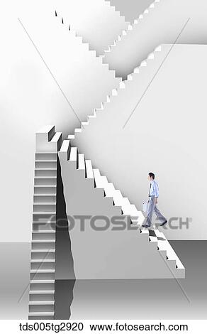Clipart - man is going upstairs holding brief case. Fotosearch