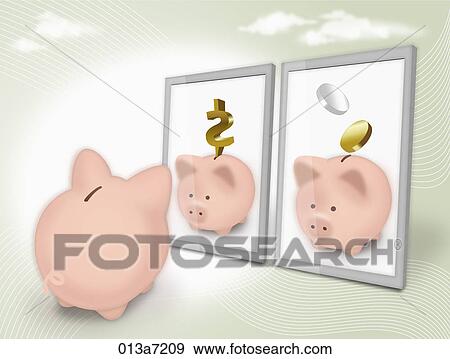 Piggy-banks with dollar sign and coins in frames View Large Illustration Stock Illustration - Piggy-banks with dollar sign and coins in frames . Fotosearch
