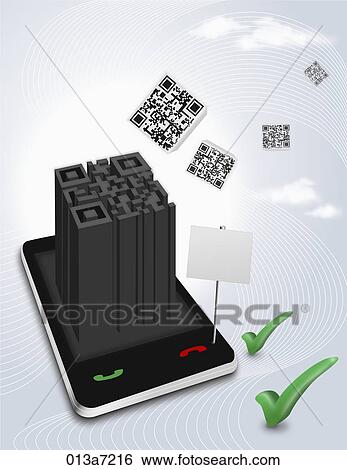 QR code tower sticking out from a Smart Phone and QR codes floating View Large Illustration Stock Illustration - QR code tower sticking out from a Smart Phone and QR codes floating. Fotosearch