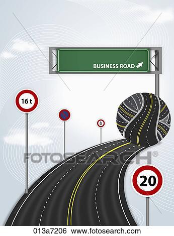 Road with several warning signs and a road patterned ball View Large Illustration Stock Illustration - Road with several warning signs and a road patterned ball . Fotosearch