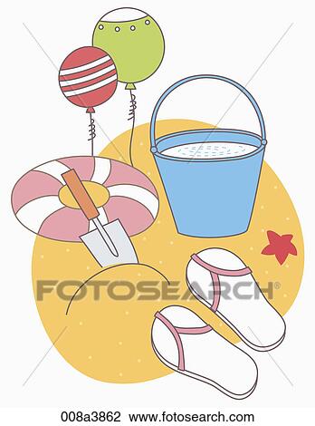 sand play tools on the beach View Large Illustration Drawing - sand play tools on the beach. Fotosearch