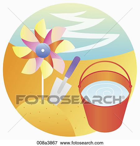 sand play tools on the beach View Large Illustration Stock Illustration - sand play tools on the beach. Fotosearch