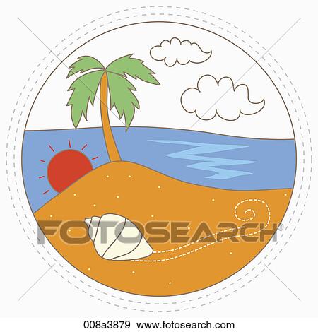 Stock Illustration - sea shells and palm tree near the beach. Fotosearch