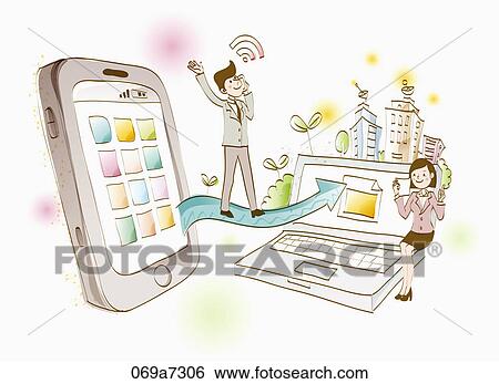 Stock Illustration - Smart phone and office workers with an arrow to a monitor. Fotosearch
