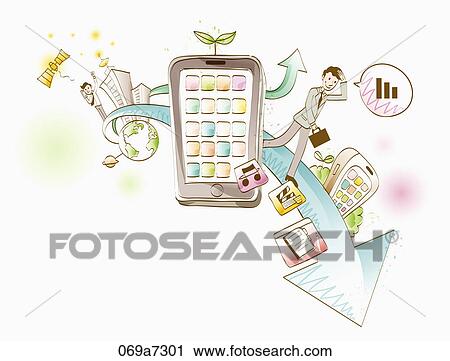 Clip Art - Smart phones and office workers with arrows. Fotosearch