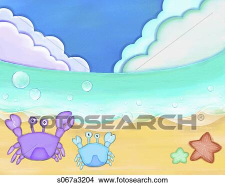 The image of beach, crabs, starfish, and blue sky View Large Illustration Stock Illustration - The image of beach, crabs, starfish, and blue sky. Fotosearch