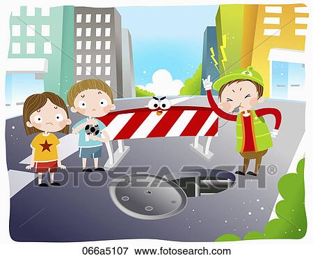 The image of boy warning not to play near the hole View Large Illustration Stock Illustration - The image of boy warning not to play near the hole. Fotosearch