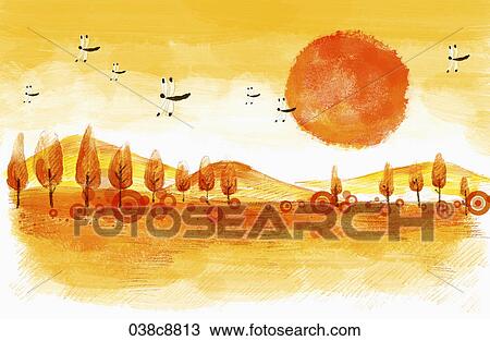 Drawing - The image of brown colored sun, trees, and dragon flies. Fotosearch
