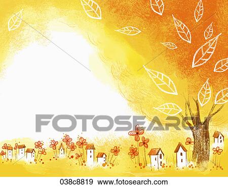 The image of brown colored tree, flowers and houses View Large Illustration Stock Illustration - The image of brown colored tree, flowers and houses . Fotosearch