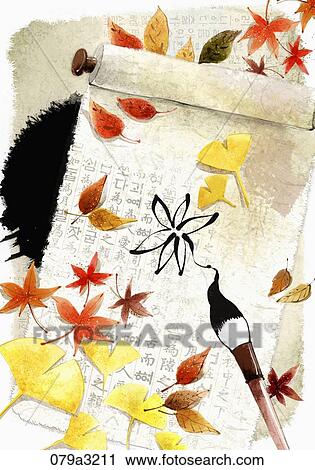 Clip Art - The image of caligraphy and colored leaves. Fotosearch