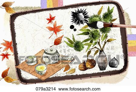 The image of caligraphy of tea setting, chestnut in the vase, and colored leaves View Large Illustration Stock Illustration - The image of caligraphy of tea setting, chestnut in the vase, and colored leaves. Fotosearch