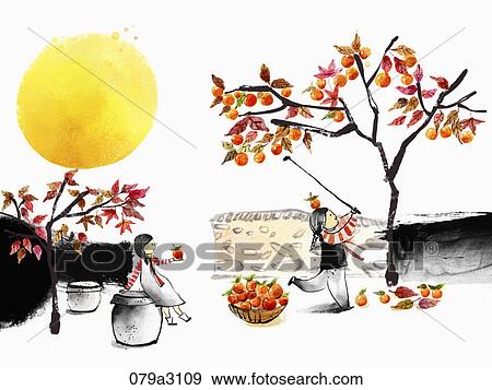 Stock Illustration - The image of chidren picking persimmon and full moon in the fall . Fotosearch
