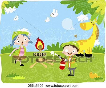 Drawing - The image of children putting out fire. Fotosearch