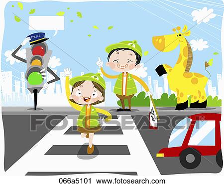Clip Art - The image of children walking over crosswalk. Fotosearch