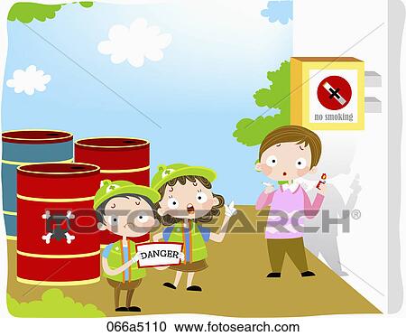 Clipart - The image of children warning not to smoke near the dangerous chemical. Fotosearch