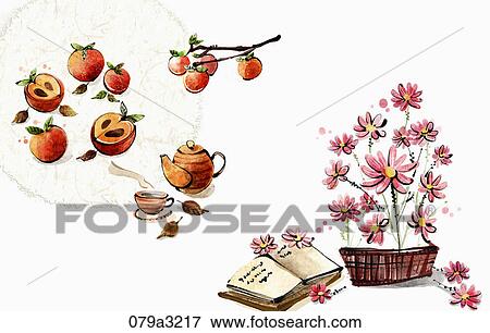 The image of cosomos with a book and pesimmons with tea View Large Illustration Stock Illustration - The image of cosomos with a book and pesimmons with tea . Fotosearch