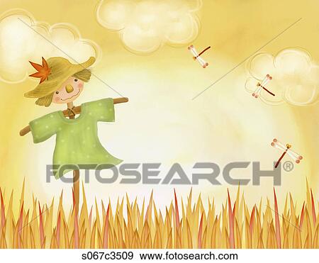Stock Illustration - The image of crop and scarecrow in the fall. Fotosearch