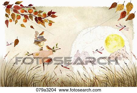 Stock Illustration - The image of crop, scarecrow, colored tree, and full moon in the fall. Fotosearch