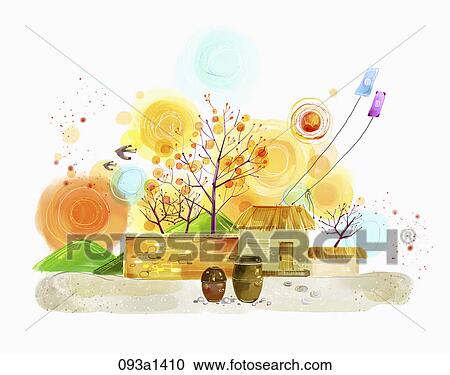 The image of fall landscape and house View Large Illustration Clipart - The image of fall landscape and house . Fotosearch