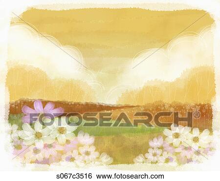 The image of fall landscape with cosmos View Large Illustration Stock Illustration - The image of fall landscape with cosmos. Fotosearch
