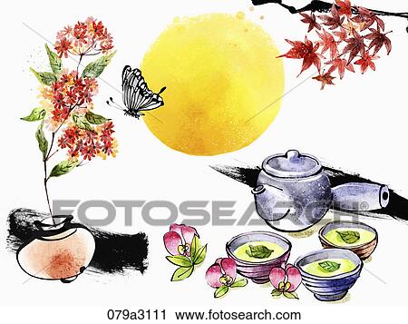 Clip Art - The image of flower and butterfly, tea setting, colored tree, and full moon in the fall. Fotosearch