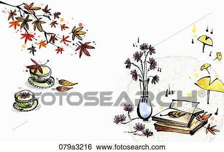 The image of flower vase and books, tea setting with colored tree in the fall View Large Illustration Stock Illustration - The image of flower vase and books, tea setting with colored tree in the fall. Fotosearch